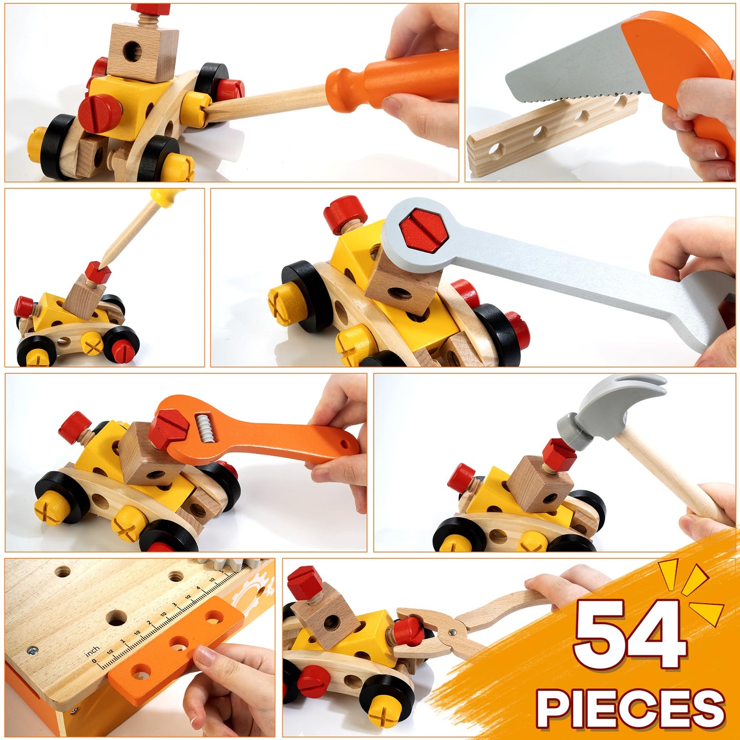 KIDWILL Wooden Tool Bench for Kids, 54-Piece Kids Tool Set with 2-in-1 Workbench & Take-Along Tool Kit, STEM Educational Toy Too