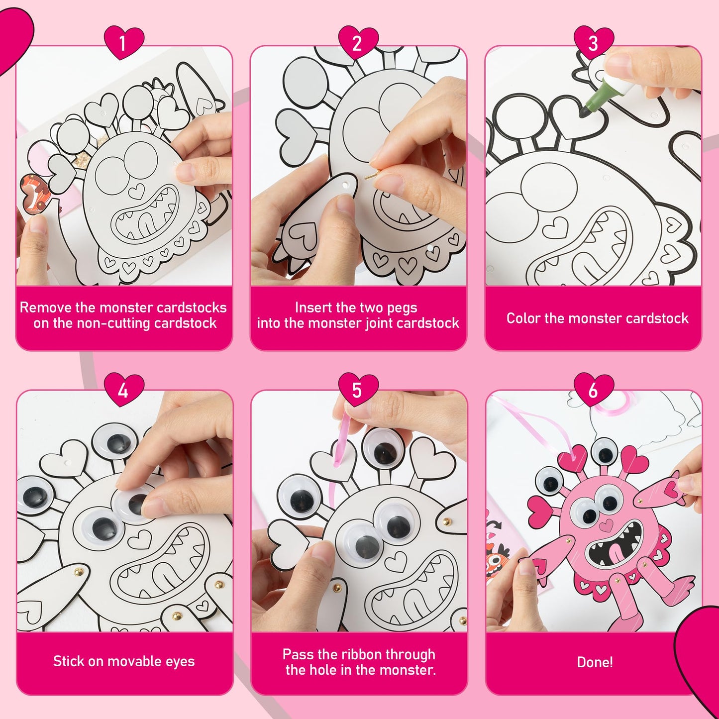 WATINC Valentines Day Monster Craft Kit - 36Pcs Color Your Own Movable Love Monster Hanging Ornament, DIY Valentines Day Monster