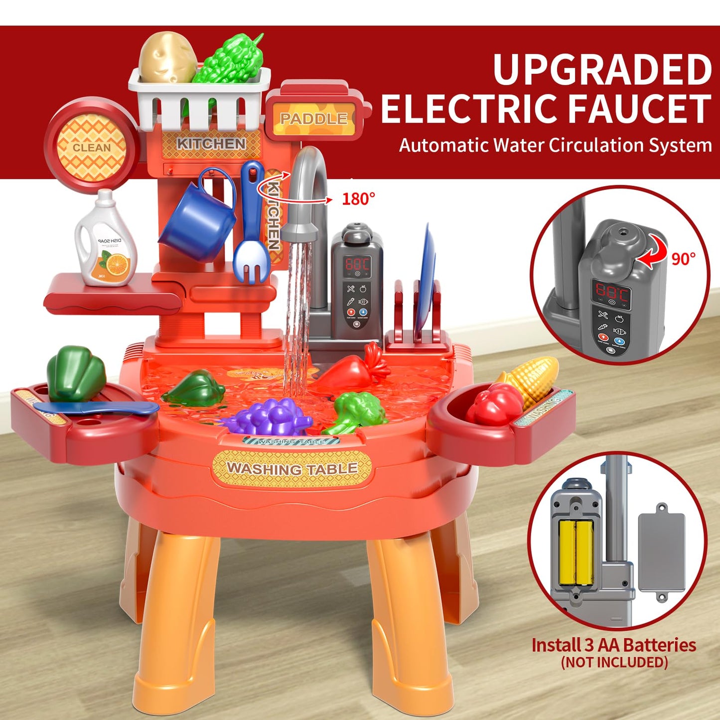 Pupu Pig Play Kitchen Water Table, Play Sink With Running Water, Toddler Toy Sink With Electric Faucet, Play Food & Kitchen Acce