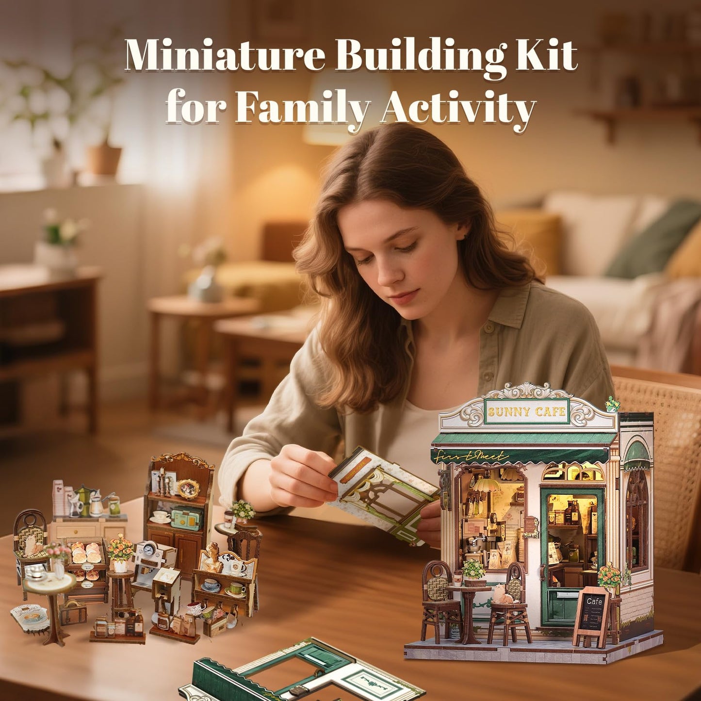 Fsolis Book Nook Kit - DIY Scene Miniature Dollhouse Kit for mature-themeds Bookshelf Puzzle Tiny House Mini Craft Coffee Shop Model Bookshelf Decor Gifts for Women Book Lovers Puzzle Beginners (Sunny Cafe)