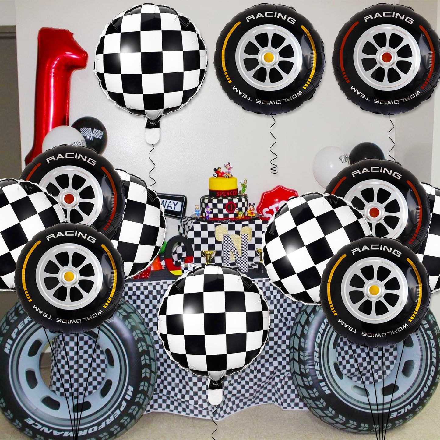 Stcomart 18 Inch Race Car Wheel Balloons, Black And White Checkered Balloons For Birthday Party, Race Car Theme Party, 12 Pcs