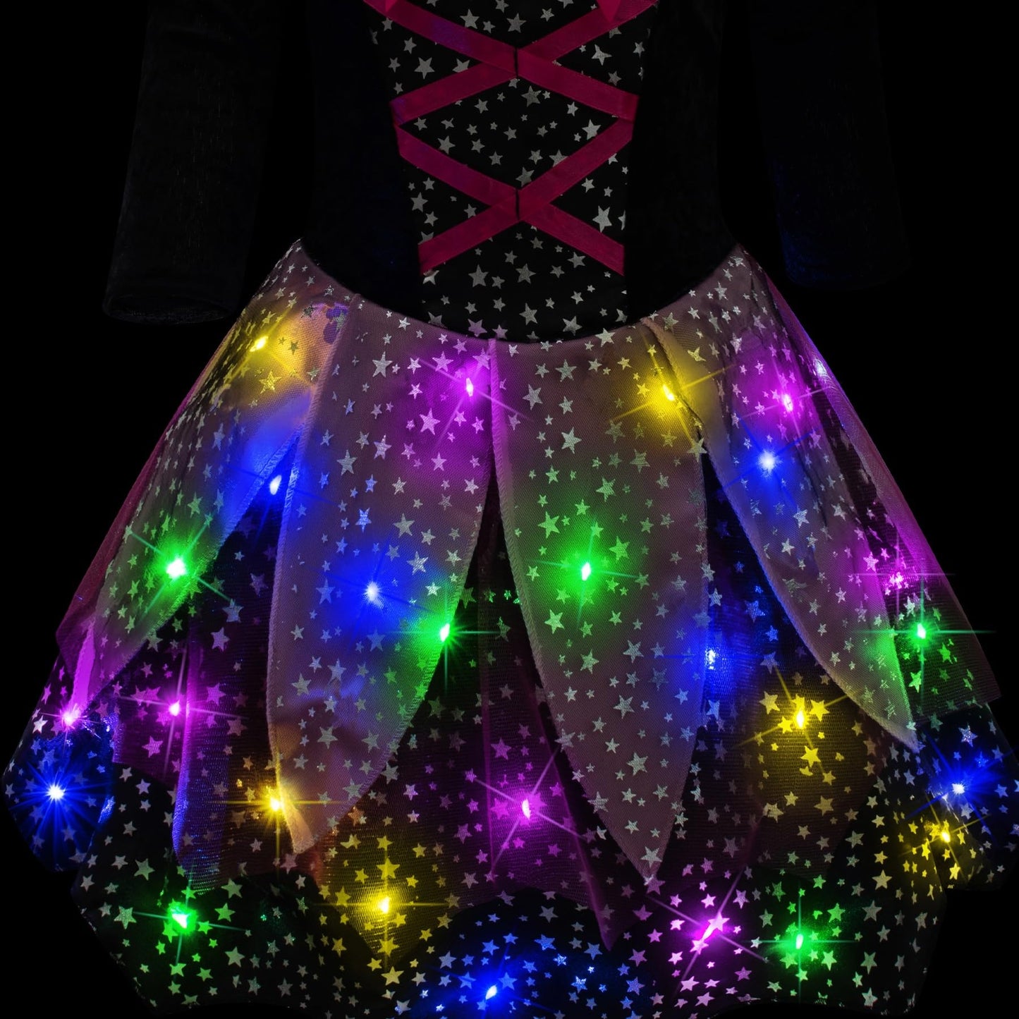 Light-Up Witch Costume for Little Girls Halloween Dress Up - Pink&Black Glowing Witch Costume Party Set with Broom & Hat & Wand & Bag & Pantyhose 3T 4T