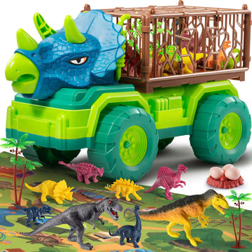 Temi Dinosaur Truck Toy For Kids 3-5 Years, Triceratops Transport Car Carrier With 8 Dino Figures, Activity Play Mat, Dino Eggs 