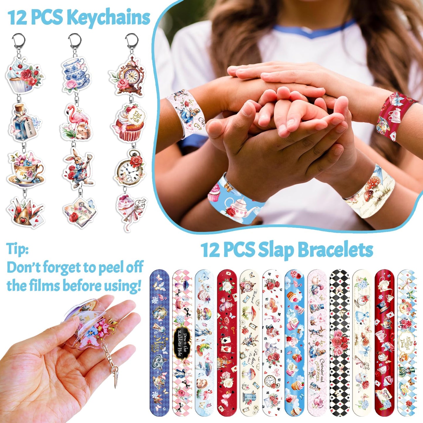 BOIKOKY Alice in Wonderland Party Favors - 98PCS Gift Set with Bracelets, Keychains, Tattoos, Stickers & Pins - Vintage Wonderland Theme