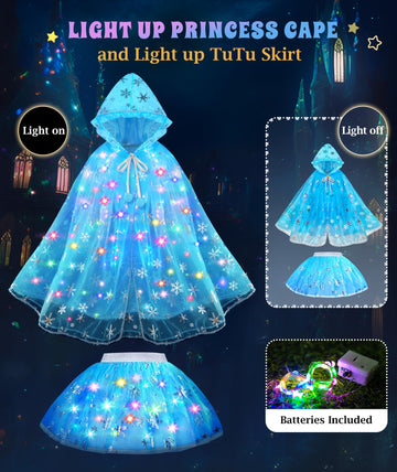 Dolnow Princess Dress Up For Girls, Light Up Princess Cape Princess Dress Costume Crown Wand Gifts For Toddler Girls 3 4 5 6