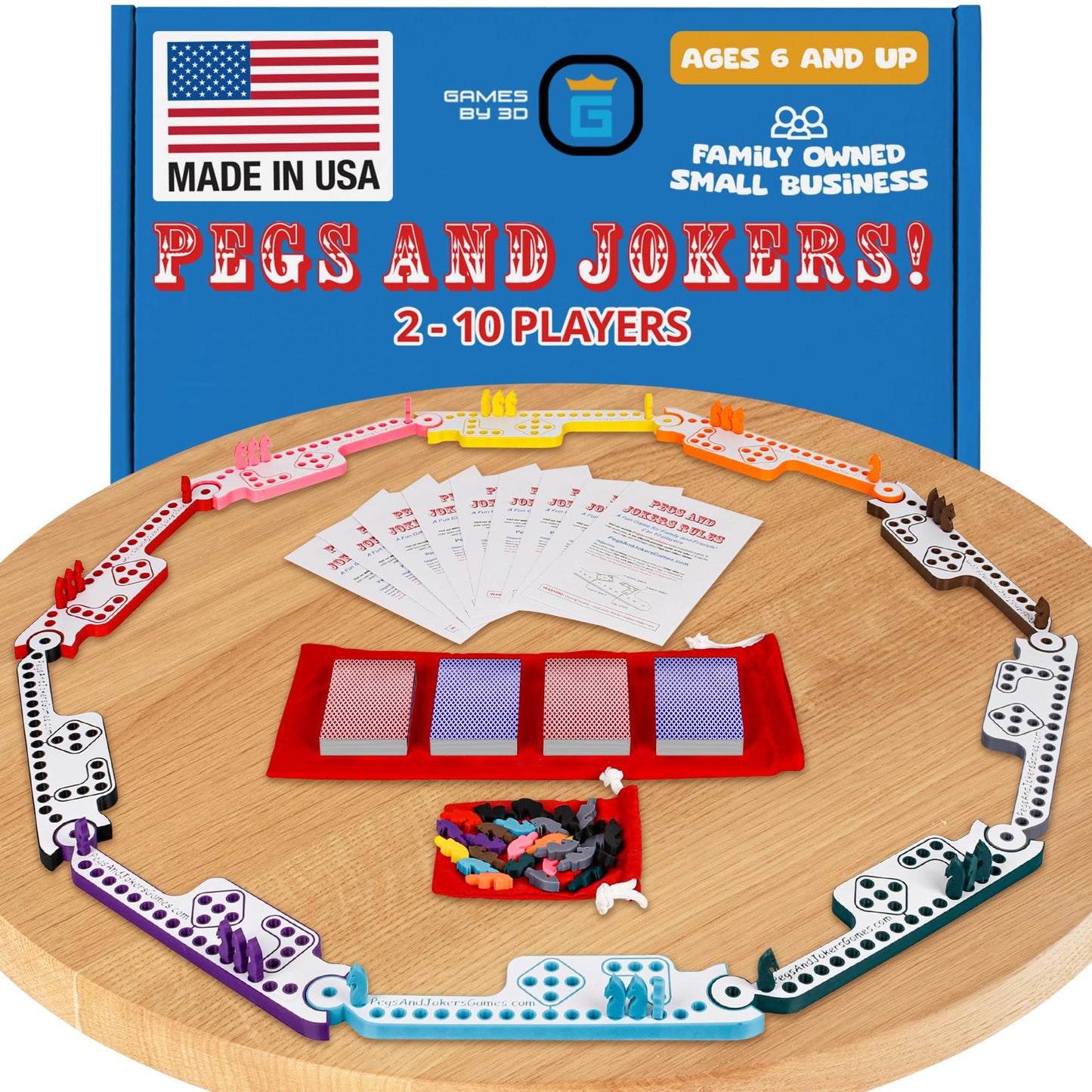 GAMES BY 3D Pegs and Jokers Board Game - Portable Fun for 2-10 Players - Easy to Learn - White Plastic - Model PNJ10-1