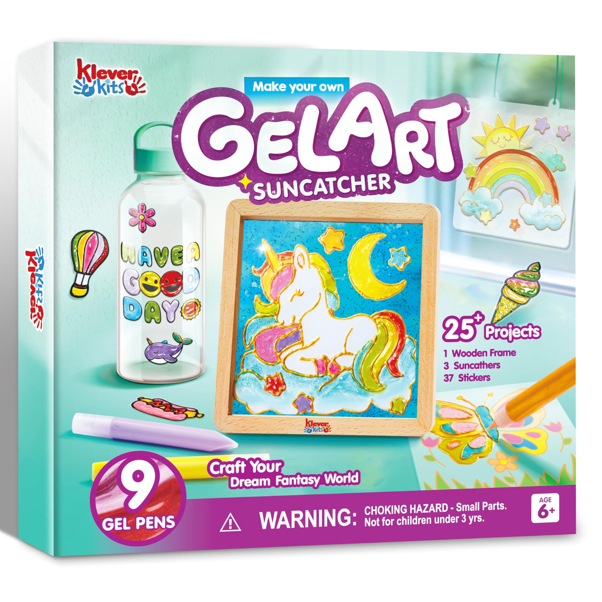 Klever Kits DIY Gel Art Suncatcher Kits for Kids, Paint Your Own Unicorn Window Art Kit with Photo Frame, Painting Arts and Craf