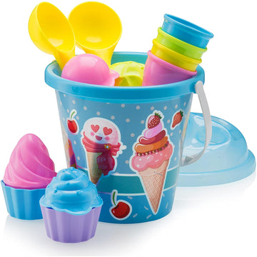 Top Race Kids Beach Toys Set with Bucket Pail and Spade Scoop - 16pcs Ice Cream Blue Sand Playset for Kids & Toddlers Ages 1.5,2