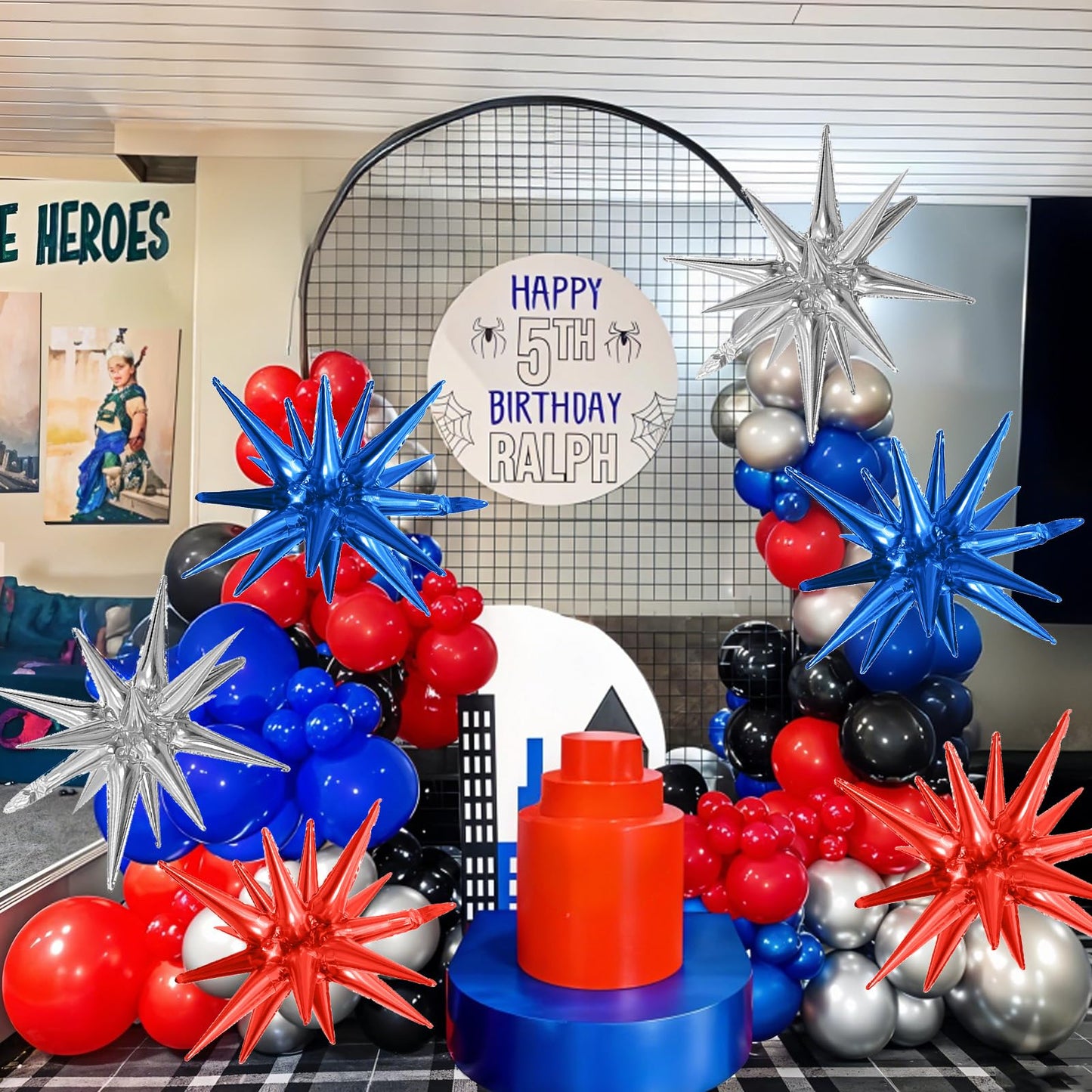 6PCS Star Balloons, 22Inch Blue Red and Silver Star Balloon Explosion Foil Balloons Cone Spike Balloon for Birthday Graduation P
