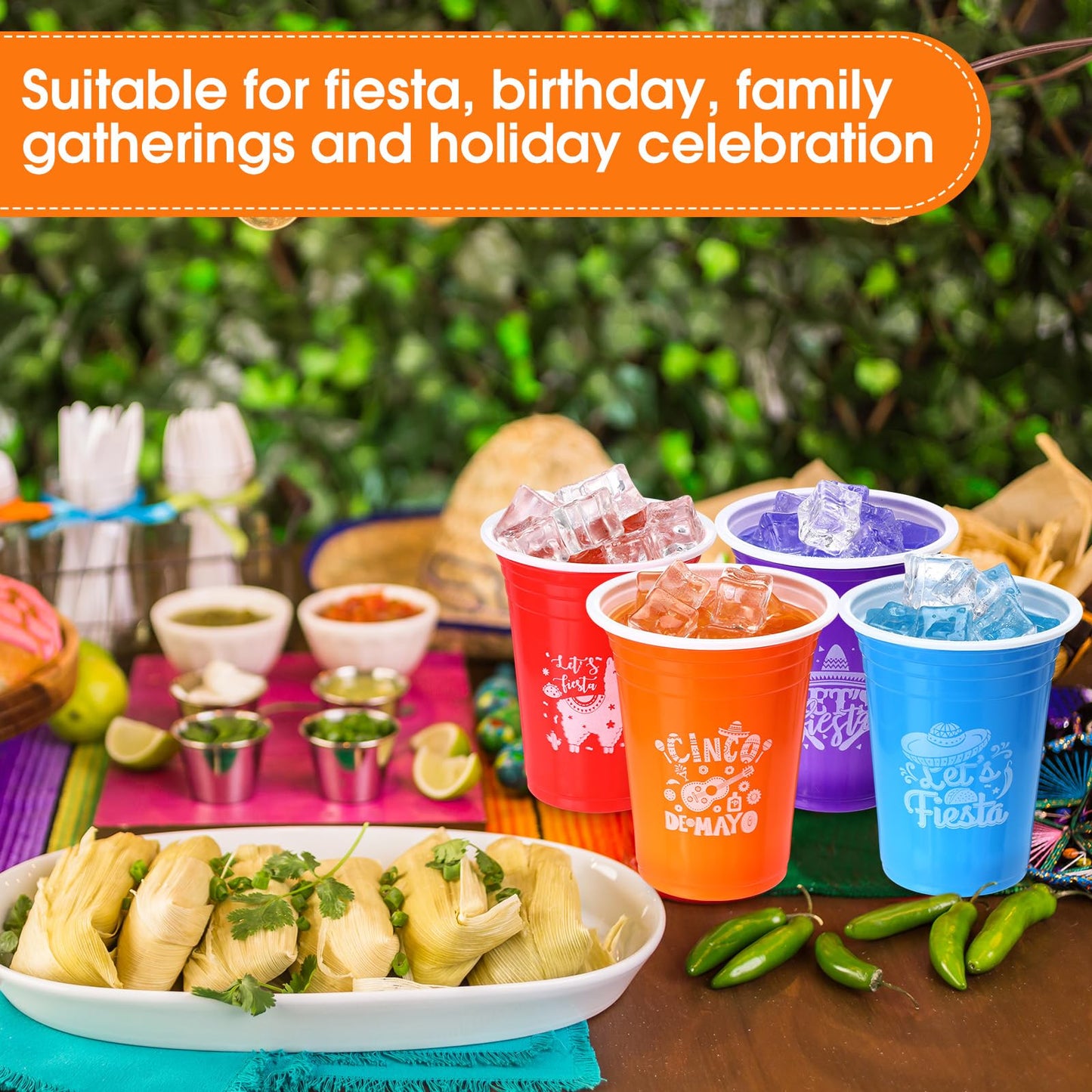 Ziliny 120 Pack Lets Fiesta Cups Mexican Party Supplies Cinco De Mayo 12 oz Disposable Plastic Cups for Taco Baby Shower Birthd