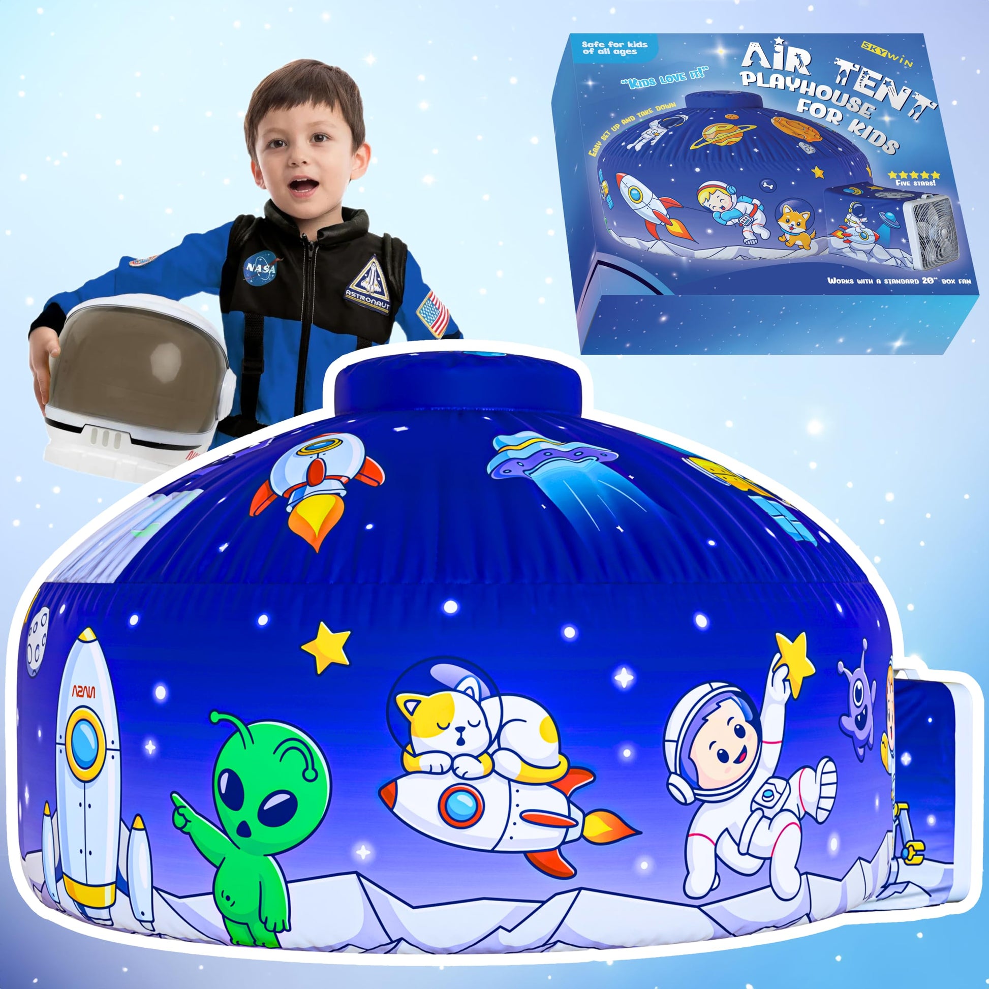 Skywin Air Tent Playhouse for Kids (Space) - 77x50 Inches Inflatable Kids Tent Sets Up and Stores Away in Seconds (Fan NOT Inclu