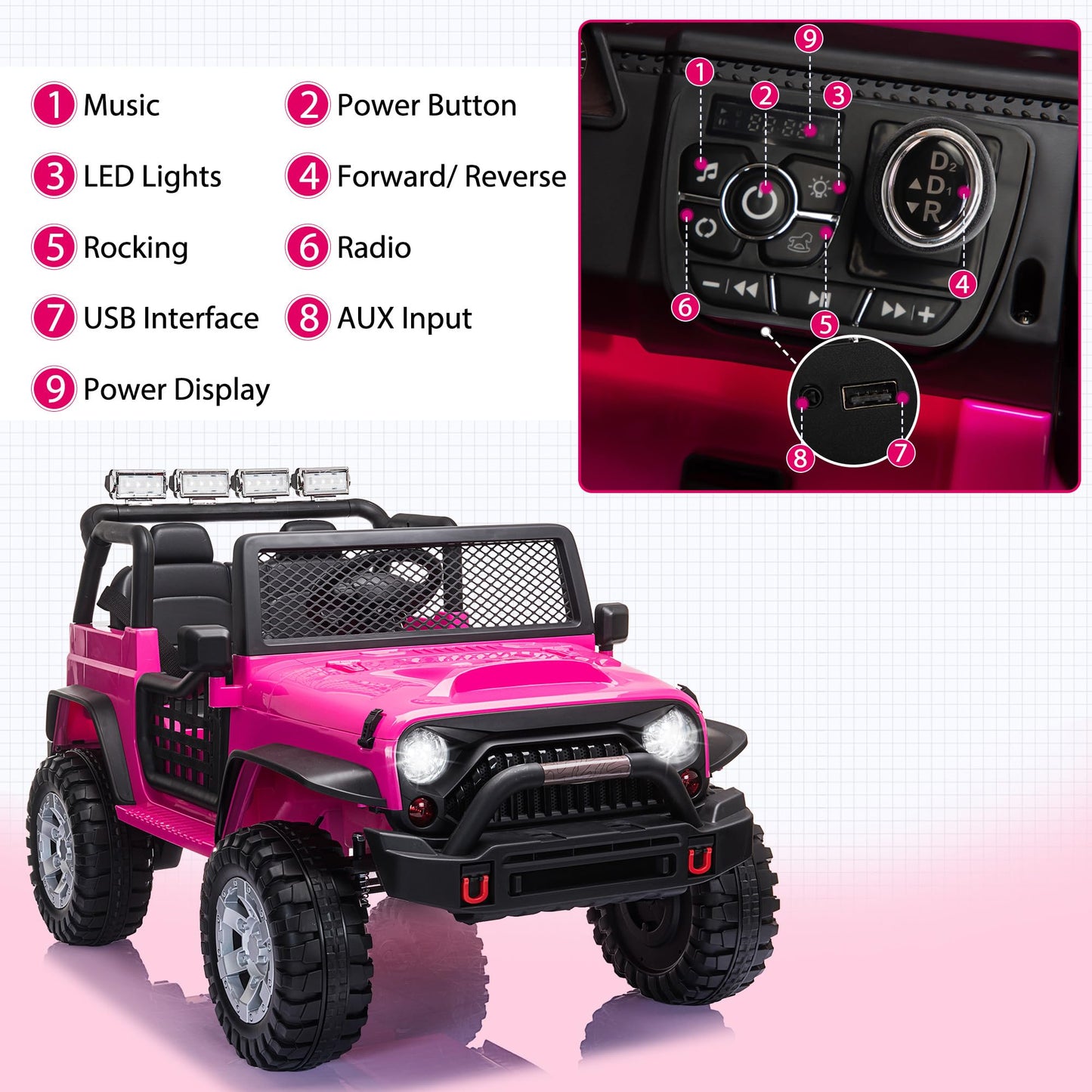 Tobbi 12V Kids Ride On Car, Electric Vehicles Jeep Car With Remote Control, Music, Mp3 Player, Lighting, Rose Red