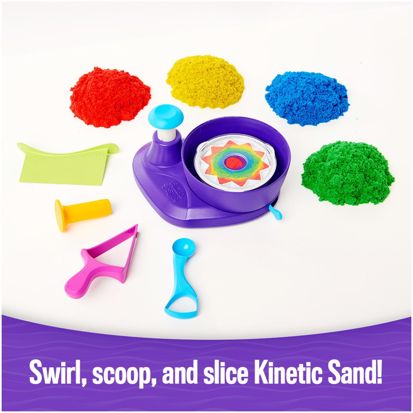 Kinetic Sand, Swirl N Surprise Playset with 2lbs of Play Sand, Including Red, Blue, Green, Yellow and 4 Tools, Sensory Toys for