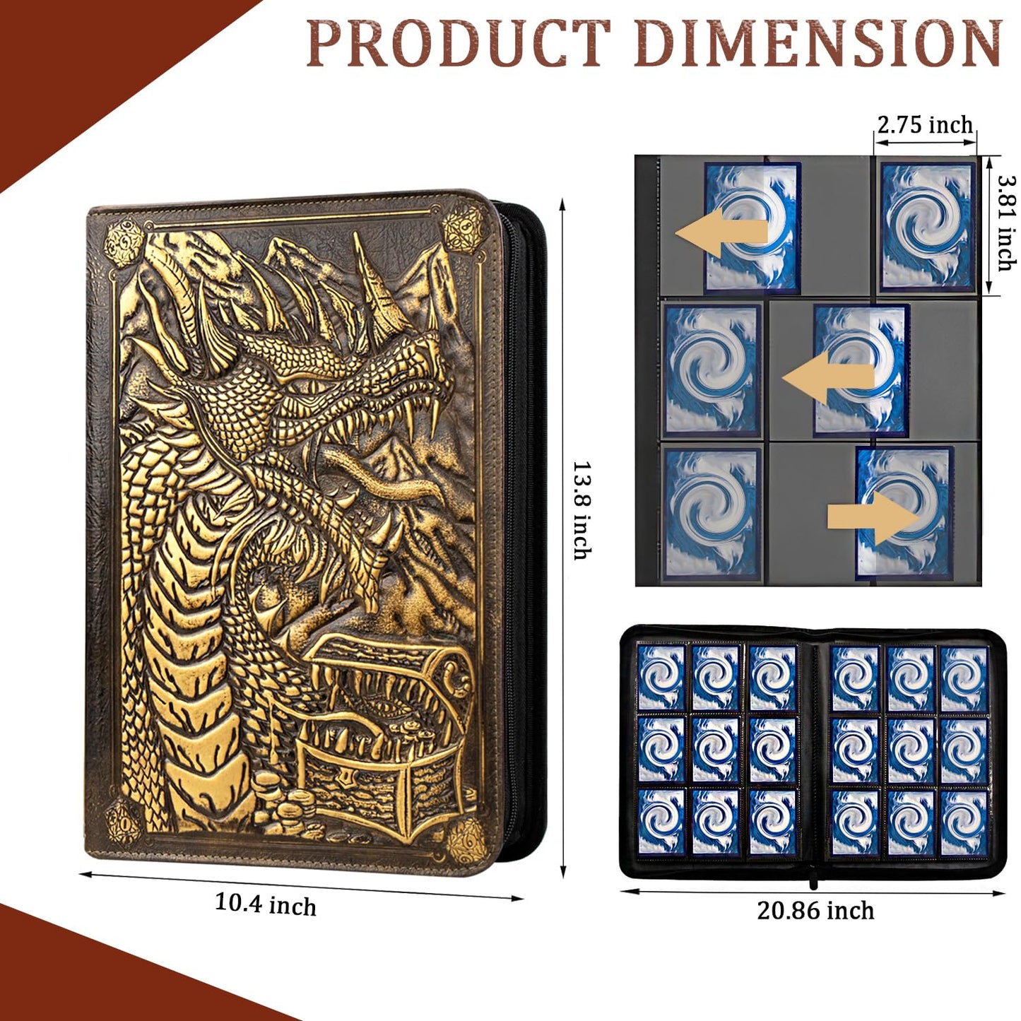 JiaoJiRen 9 Pockets Trading Card Binder-Holds 360 Cards Pockets Album 3D Leather Dragon Double Sided Pocket Zipper Binder for MTG TCG Game Sports Cards (Bronzed)