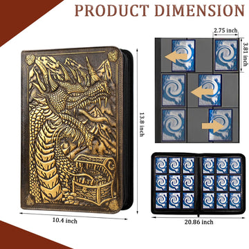 JiaoJiRen 9 Pockets Trading Card Binder-Holds 360 Cards Pockets Album 3D Leather Dragon Double Sided Pocket Zipper Binder for MTG TCG Game Sports Cards (Bronzed)