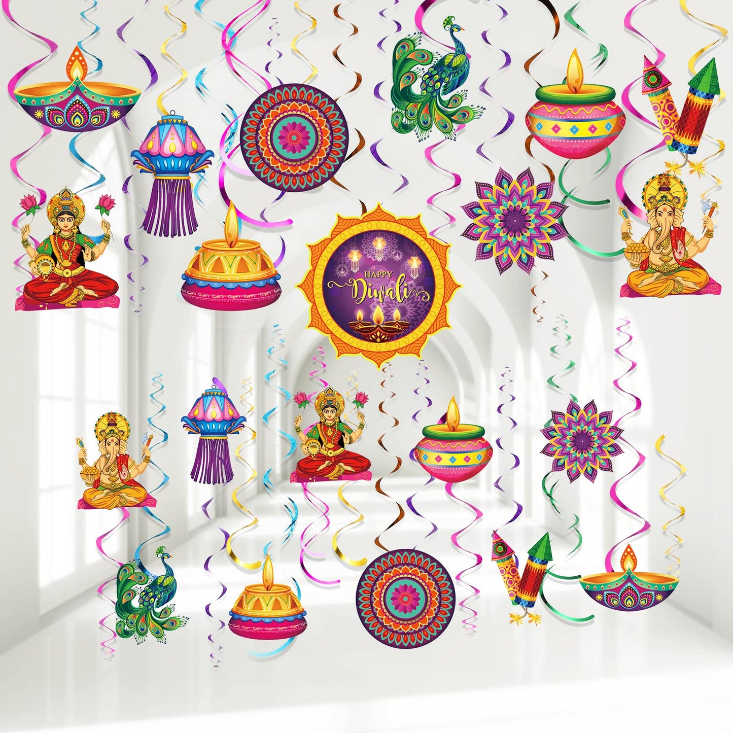 51 Pcs Happy Diwali Hanging Swirls Diwali Lights Party Hanging Swirls Deepavali Party Hanging Decorations Diwali Festival Hangin