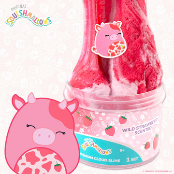 Original Squishmallows Calynda The Cow Premium Cloud Slime, 8 Oz. Fluffy Slime, Strawberry Scented, 3 Fun Slime Add Ins, Pre-Made Slime For Kids, Great 6 Year Old Toys, Super Soft Sludge Toy