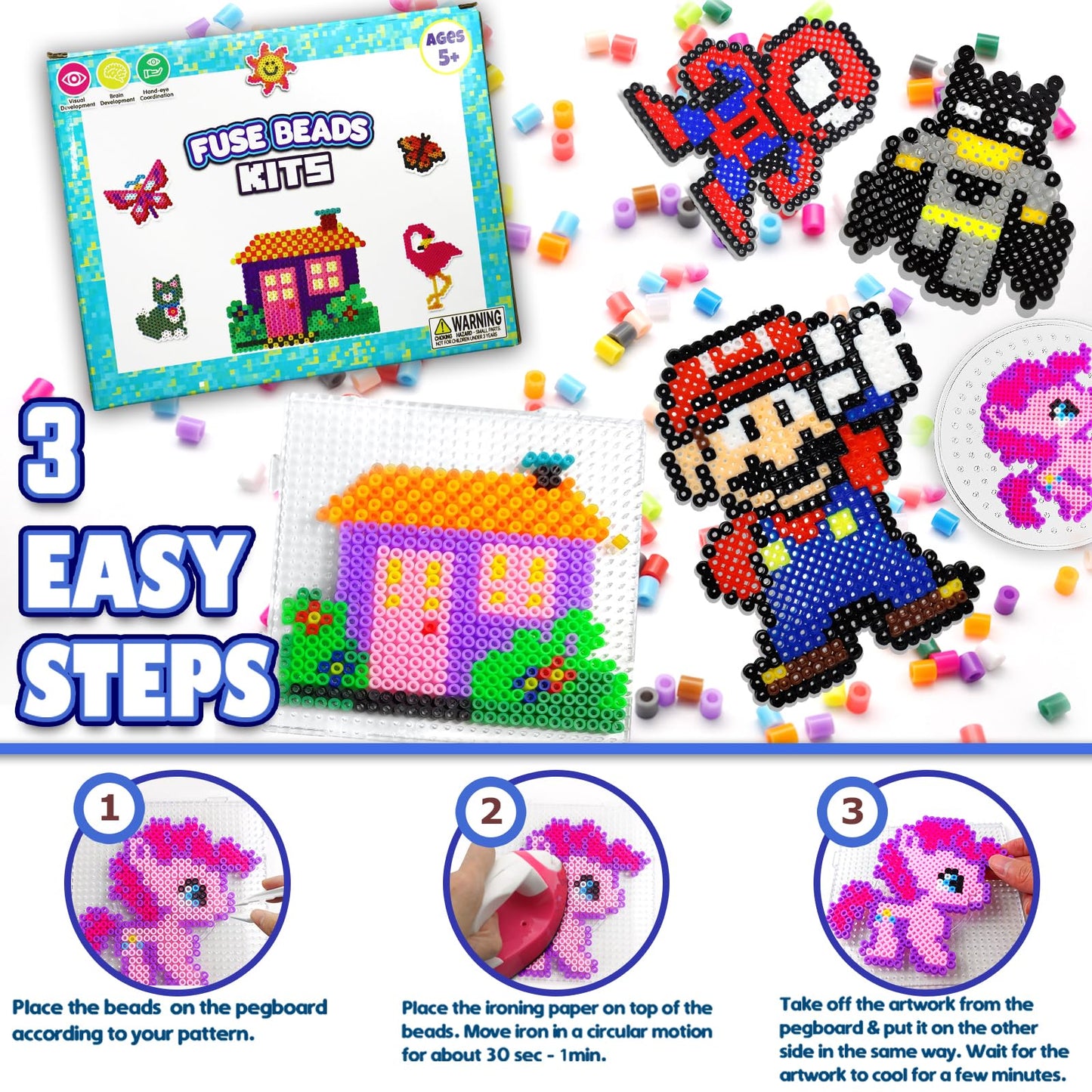 FUNZBO 5200 5mm Fuse Beads Kit with Mini Iron - 24 Colors | 111 Patterns, Easter Arts and Crafts for Girls and Boys, Kids Toys S