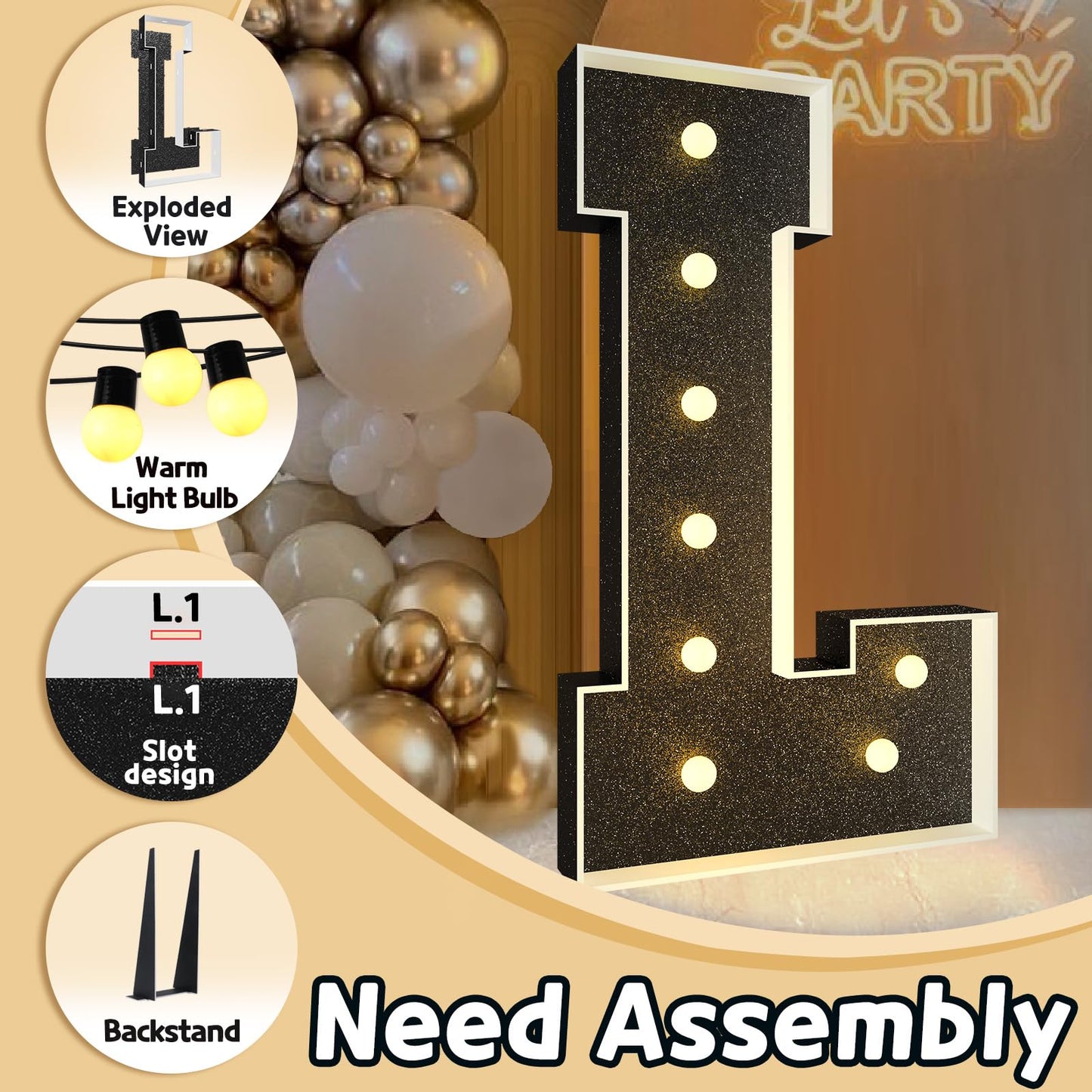 Imprsv Marquee Letters Black 3Ft: Black Party Decor - Light Up Letter L Large 3 Feet Tall - Party Decorations Letter For Love Bi