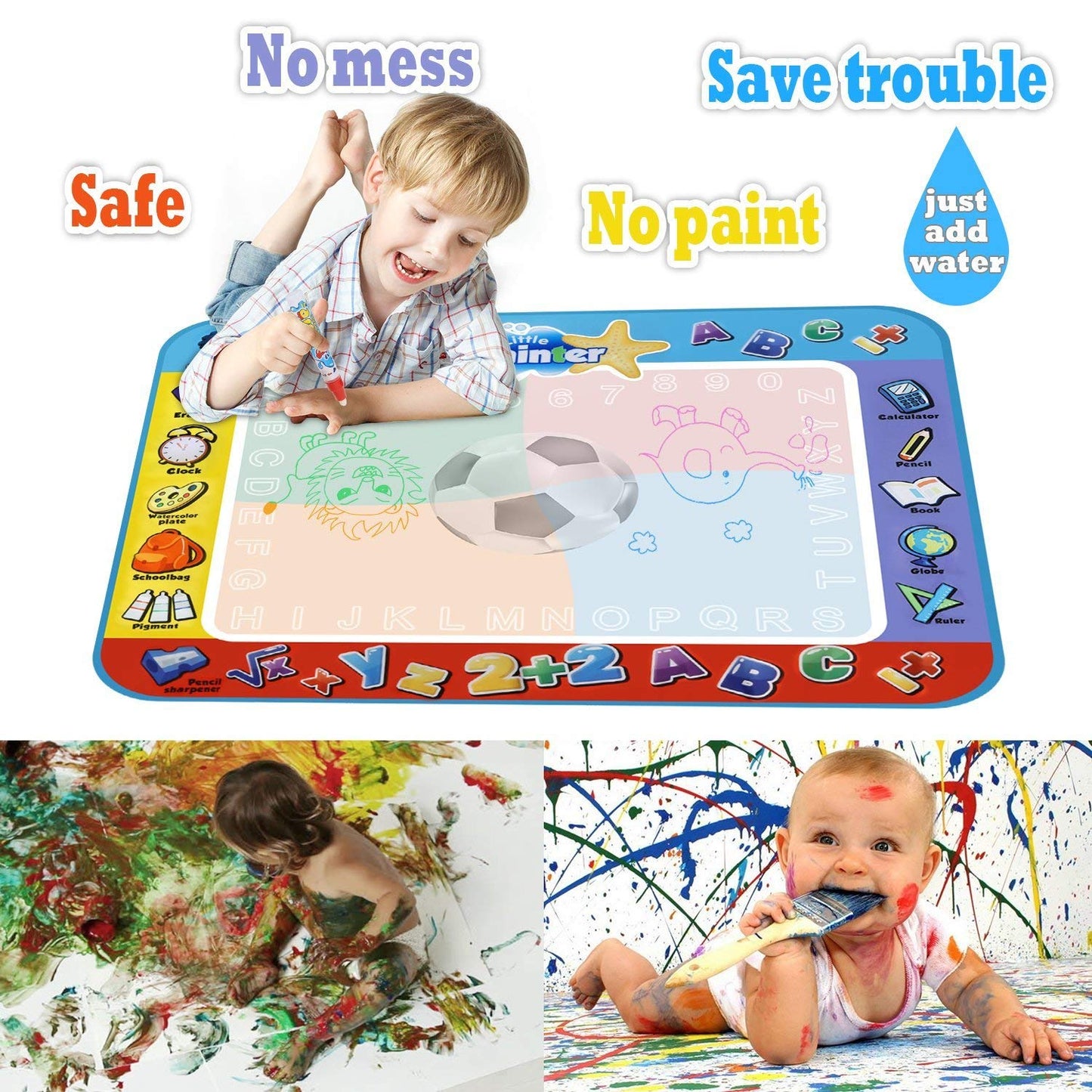 Alago Aqua Coloring Mat - Large Water Painting Mat for Kids, 100 cm x 80 cm, Blue, Includes 4 Pens, Drawing Molds & Booklet, DoodleMat180619