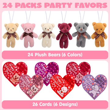 Joyin 24 Packs Valentine'S Day Heart Cards With Plush Toy Party Favors, Mini Stuffed Animal Plush Toys For Valentines Day Gifts, Kids Classroom School Exchange Prize (Brown Bear)
