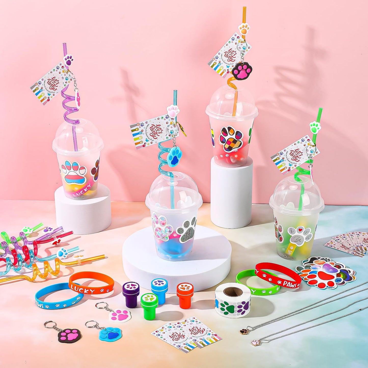 Gejoy 178 Pcs Dog Paw Party Favors, Set Including Straws Cups Silicone Bracelet Keychain Stamper Sticker Pendant Chain Thank You