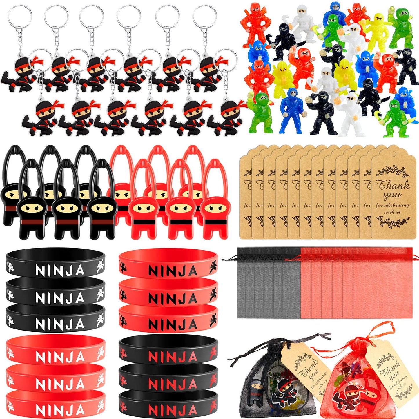 84 Pcs Ninja Party Favors Include 12 Stretchy Flying Ninjas, 24 Mini Ninja Figurines, 12 Ninja Silicone Wristbands, 12 Ninja Key
