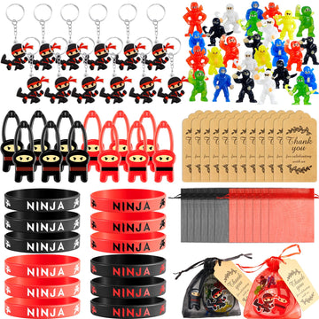 84 Pcs Ninja Party Favors Include 12 Stretchy Flying Ninjas, 24 Mini Ninja Figurines, 12 Ninja Silicone Wristbands, 12 Ninja Key