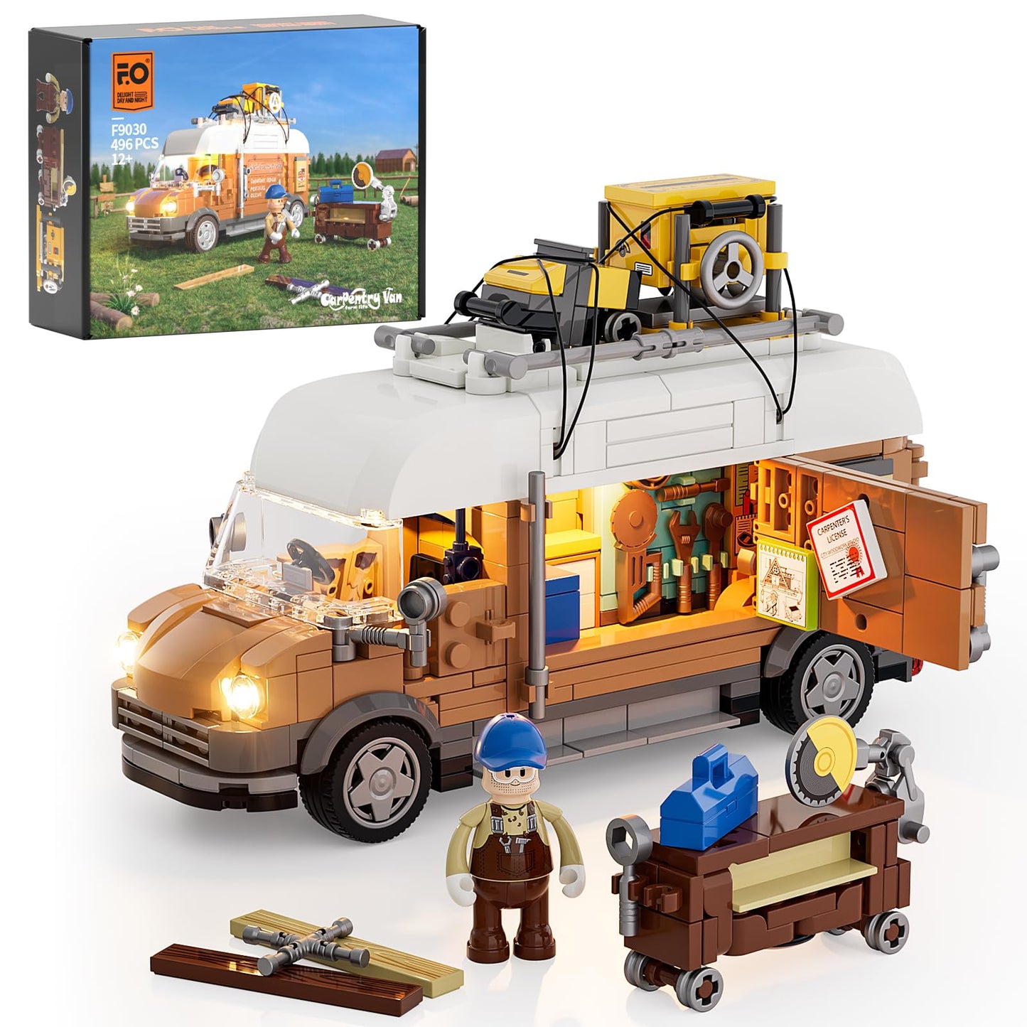Funwhole Carpentry Van Lighting Building-Bricks Set - Farm Woodworker Car Collectible Display Set 496 Pcs For Adults And Teen
