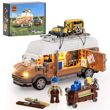 Funwhole Carpentry Van Lighting Building-Bricks Set - Farm Woodworker Car Collectible Display Set 496 Pcs For Adults And Teen