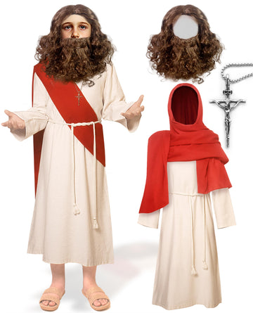Kids Jesus Costume Boys Nativity Saint Robe Wig 6pcs Sets for Halloween Christmas Easter Cosplay 9-10Y