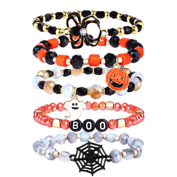 Halloween Beaded Bracelets Pumpkin Spider Ghost Charms Bracelets BOO Happy Halloween Stretch Bracelets Set Holiday Gift