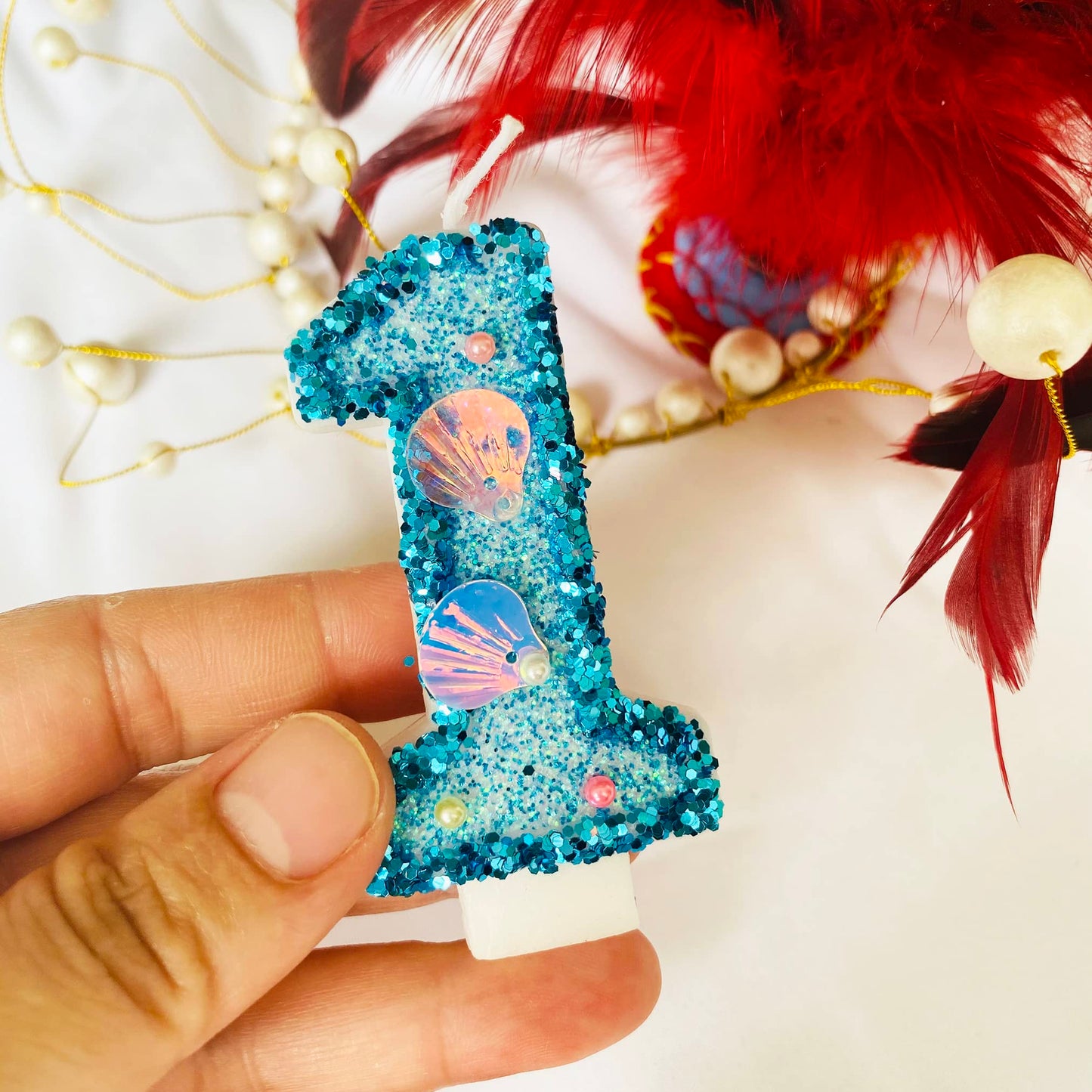 Blue Number Candle,Shell Sequins Number Candles for Birthday Cakes Mermaid Themed Party Supplies Number 1 Candle