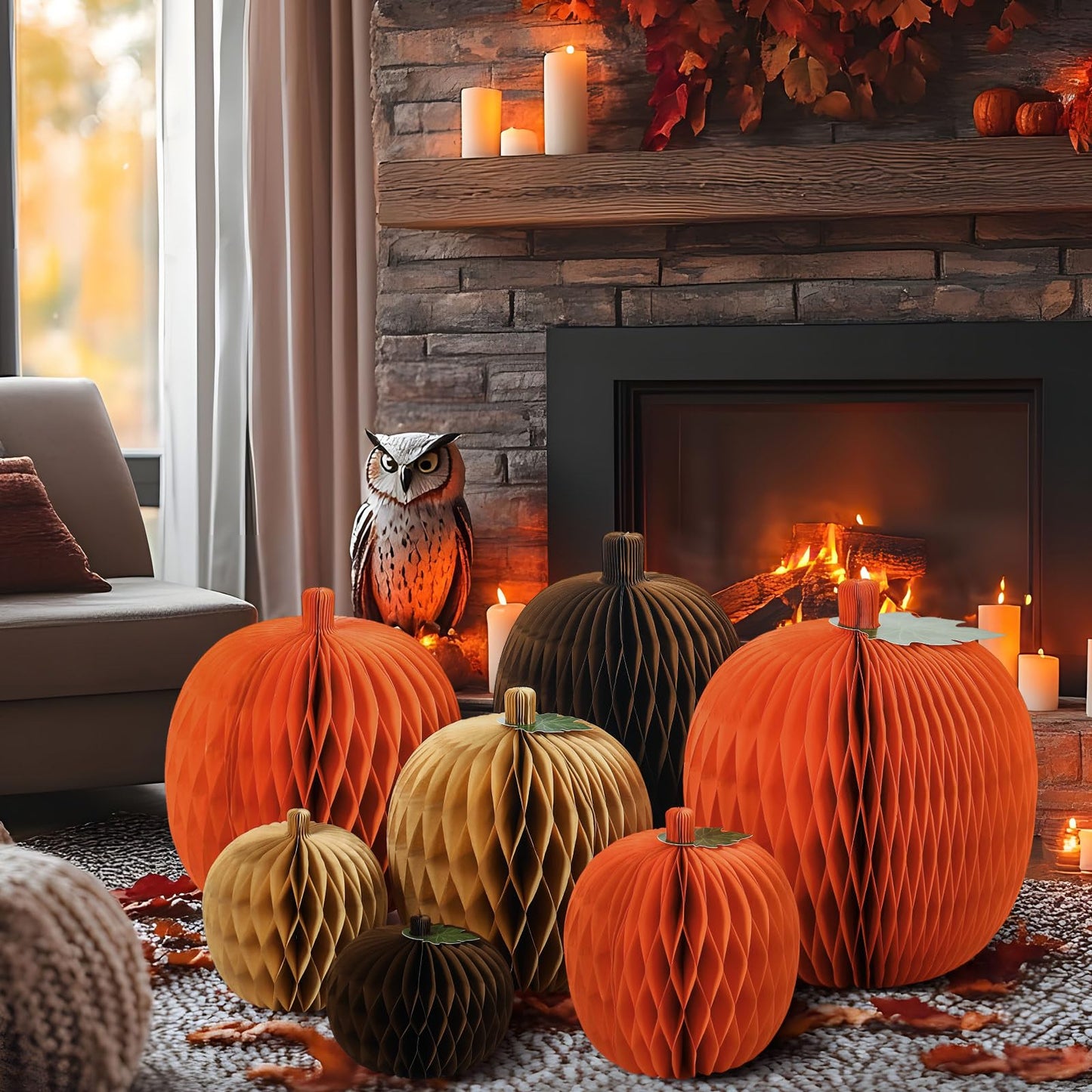 Weekgrat 7 Pcs Extra Large Pumpkin Honeycomb Centerpiece Fall Thanksgiving 3D Thick Paper Honeycomb Pumpkin Reusable Paper Decor