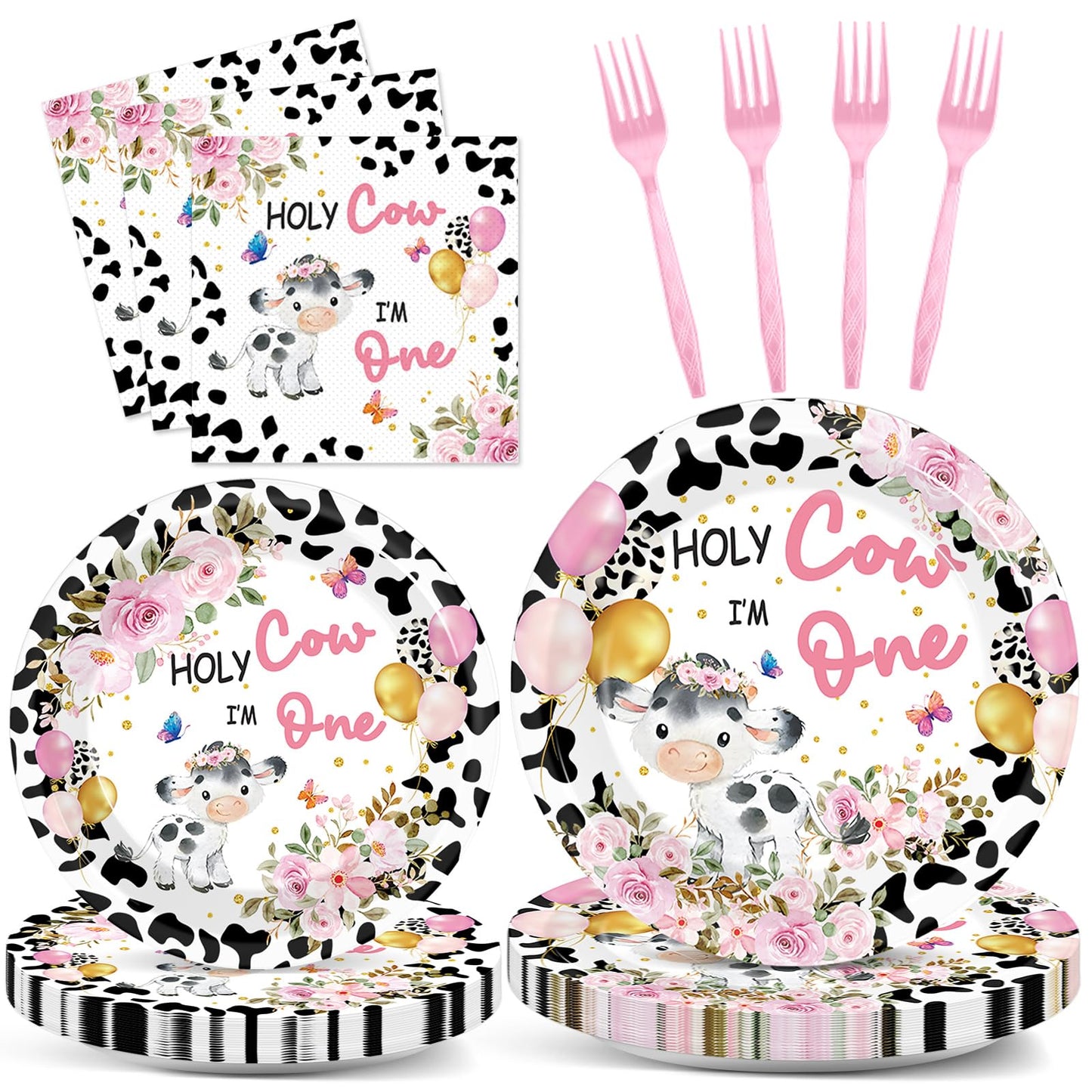Gisgfim 96Pcs Holy Cow I'M One Party Supplies Pink Cow Print Paper Plates Napkins Cow First Party Tableware Set Cow Floral Dinne