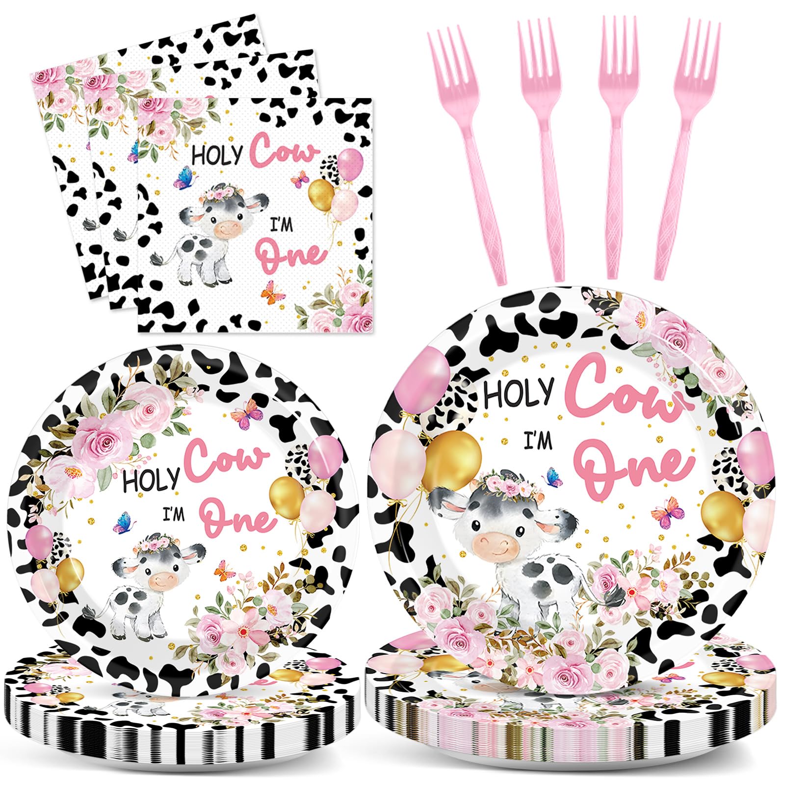 Gisgfim 96Pcs Holy Cow I'M One Party Supplies Pink Cow Print Paper Plates Napkins Cow First Party Tableware Set Cow Floral Dinne