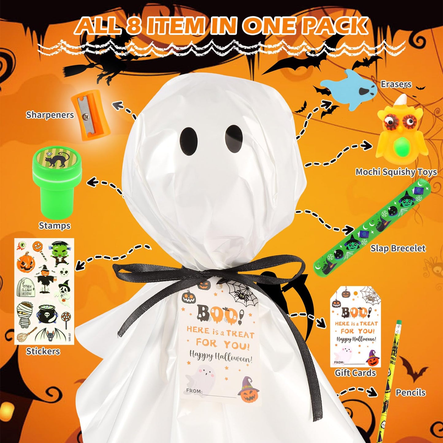 24Pack Halloween Party Favors for Kids, Halloween Classroom Gifts Giant Lollipop Gifts for Birthday Party with Gift Cards, Penci