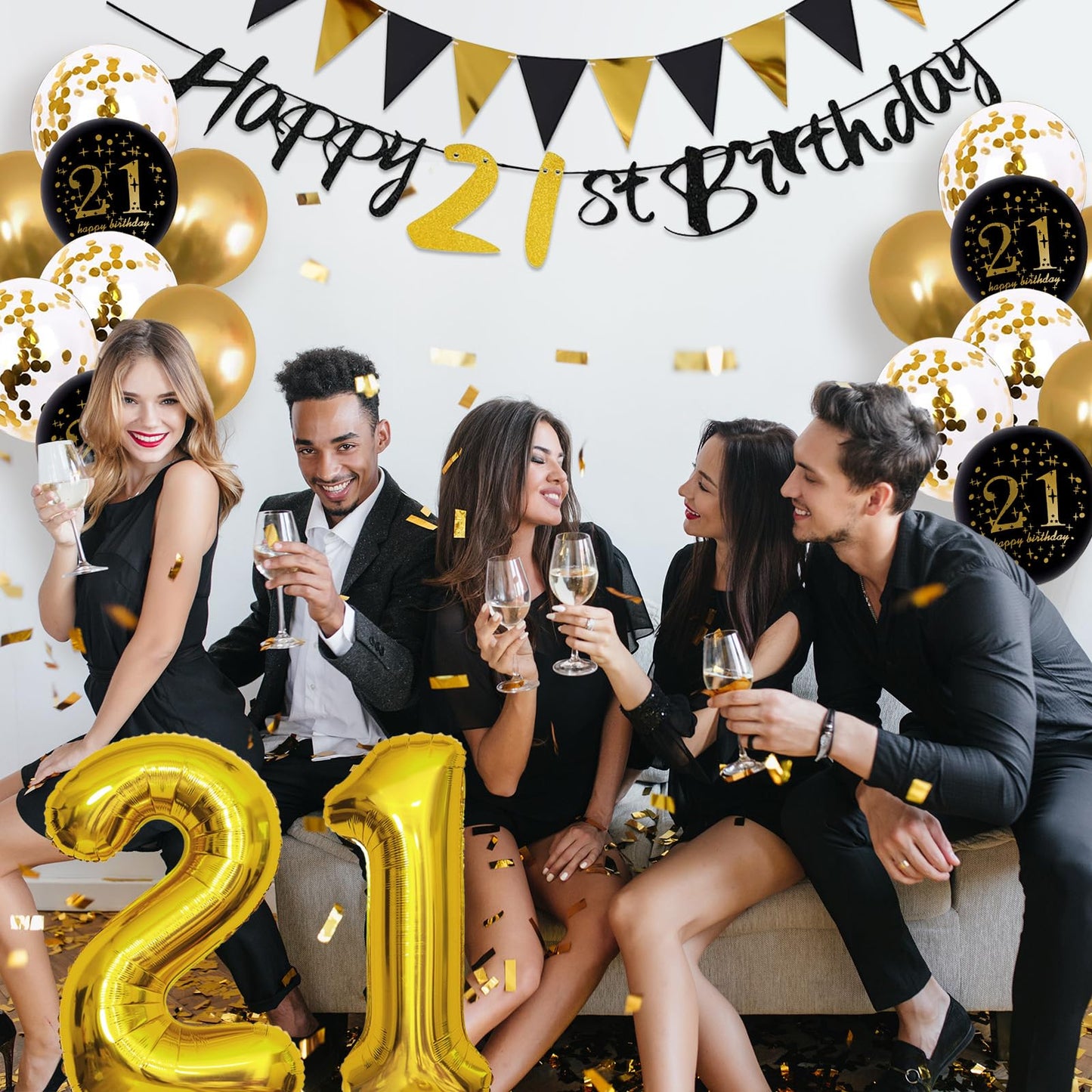 Jobkoo 21St Birthday Decorations Him Her, Black Gold 21 Birthday Party Decor Golden Black 21St Birthday Balloons 21 Cake Topper