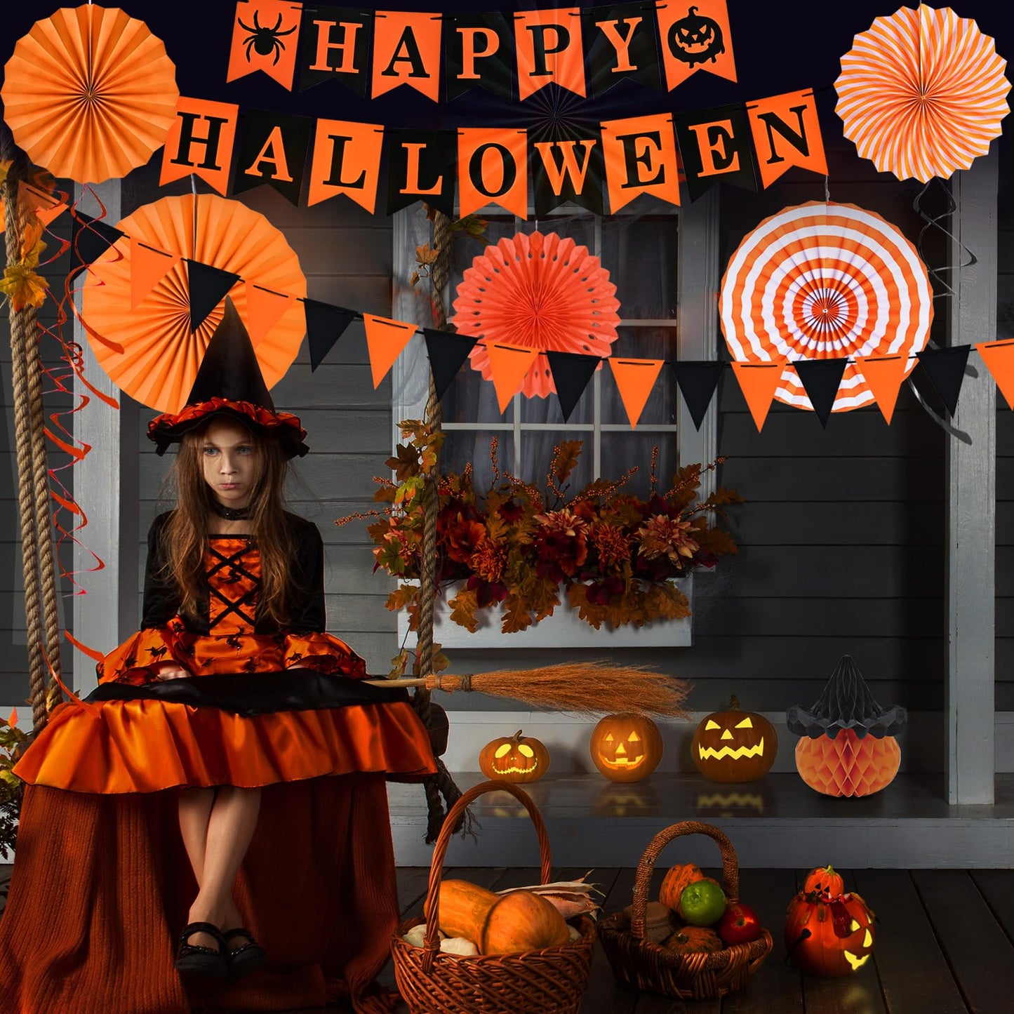 Ahfulife Halloween Party Decorations Supplies Set, Reusable Halloween Decoration Kit Indoor - Happy Halloween Sign Banner For Ho