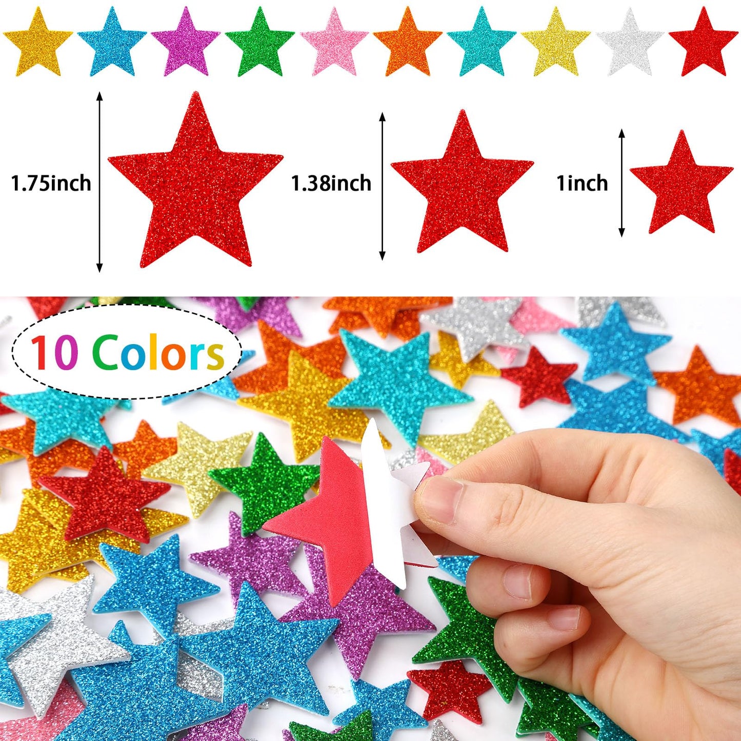 JULBEAR Colorful Glitter Star Foam Sticker, 300Pcs Stars Shapes Glitter Self Adhesive Foam Stickers for Kids Party Favors Toddle
