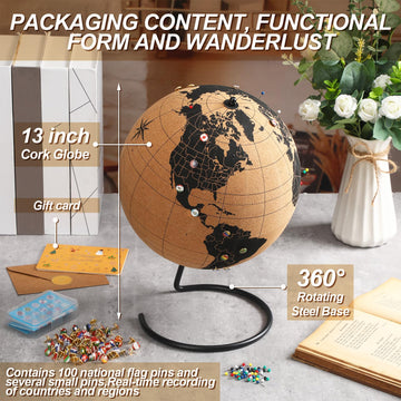 Feifeiya Personalized Cork Globe with 100 National Flag Push for Traveler 13 H X 9.9 Dia World Travel Map the Places You'll Go Graduation Gift Adventure Spinning Globe for mature-themed Gift
