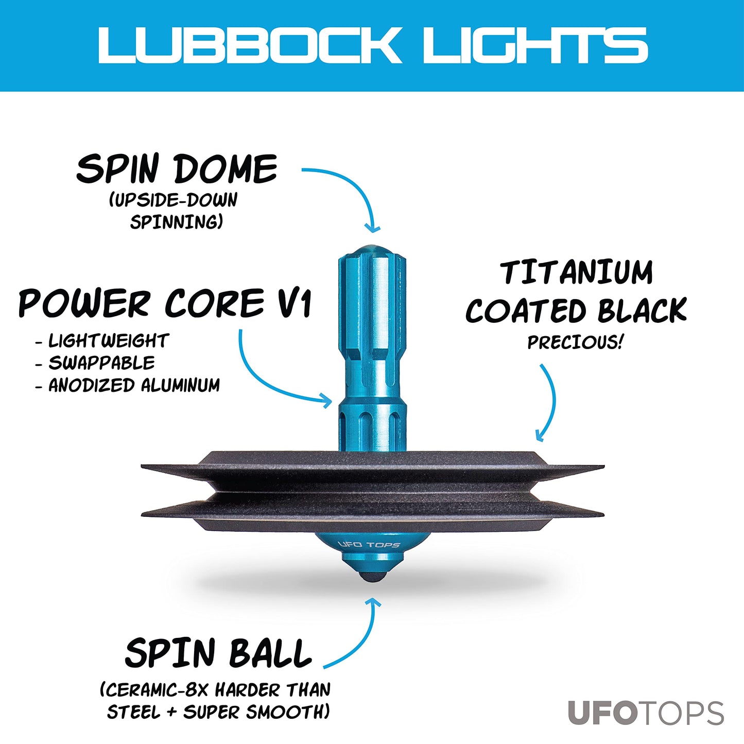 Plexity Labs Ufo Tops - Lubbock Lights - Metal Spinning Top (Black Titanium.)