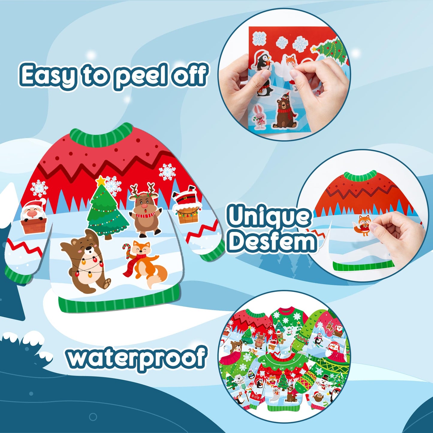 CY2SIDE 24 Set Christmas Ugly Sweater Scene Sticker for Kids Make a Winter Sweater Scene with Penguin Sticker Make Your Own Chri