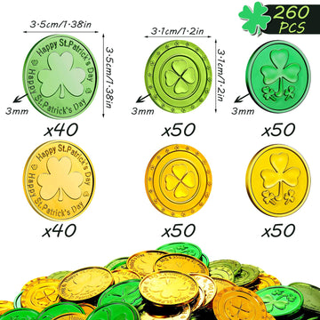 260 Pieces St. Patrick's Day Shamrock Coins 3-Leaf Clover  4 Leaf Clover and Happy St. Patrick's day Good Luck Green and Gold Plastic Coins for Party Supplies Decor