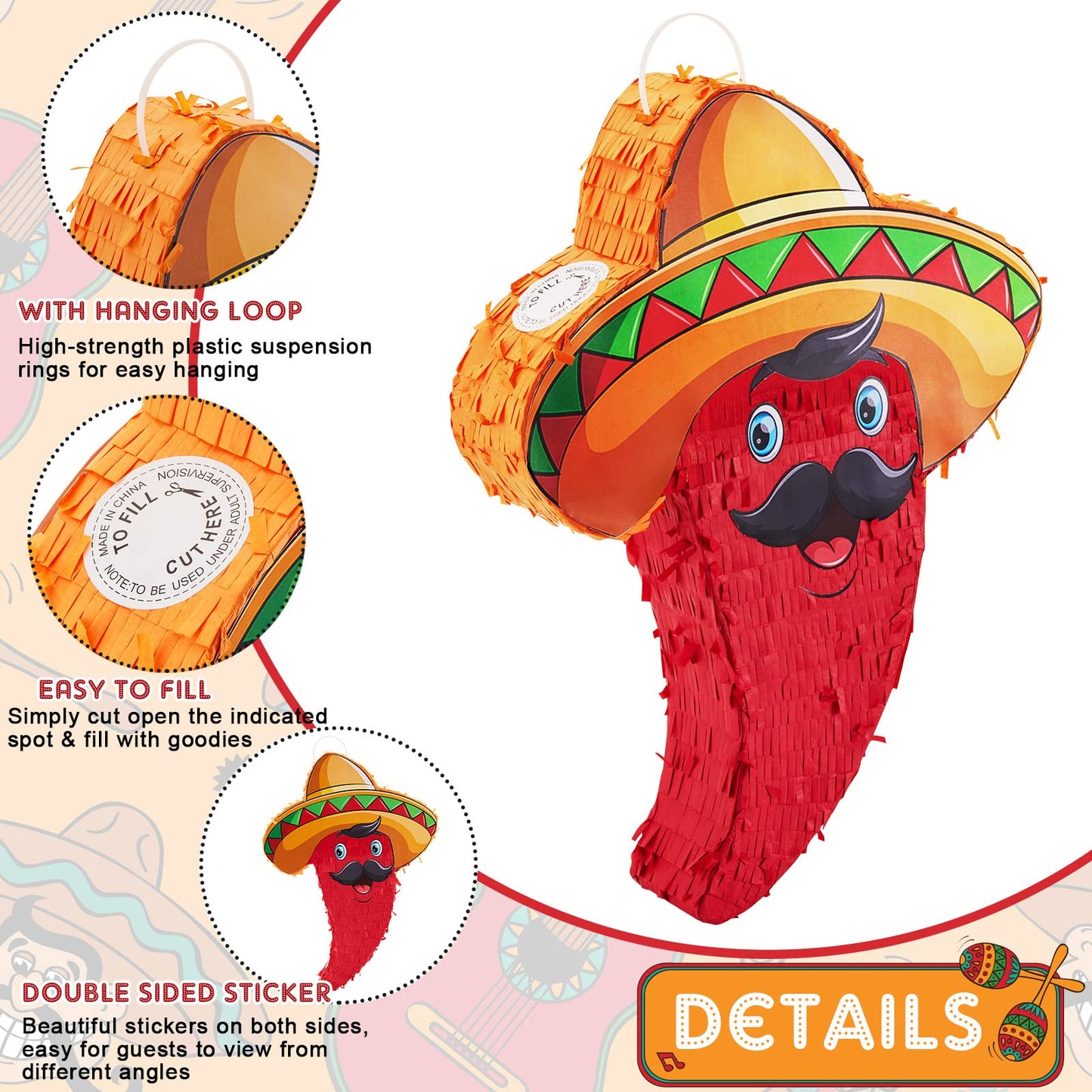 Lewtemi Red Chili Piñata - Small Cardboard Pepper Decoration for Birthday, Cinco De Mayo Fiesta Party with Stick, Blindfold, Confetti Set