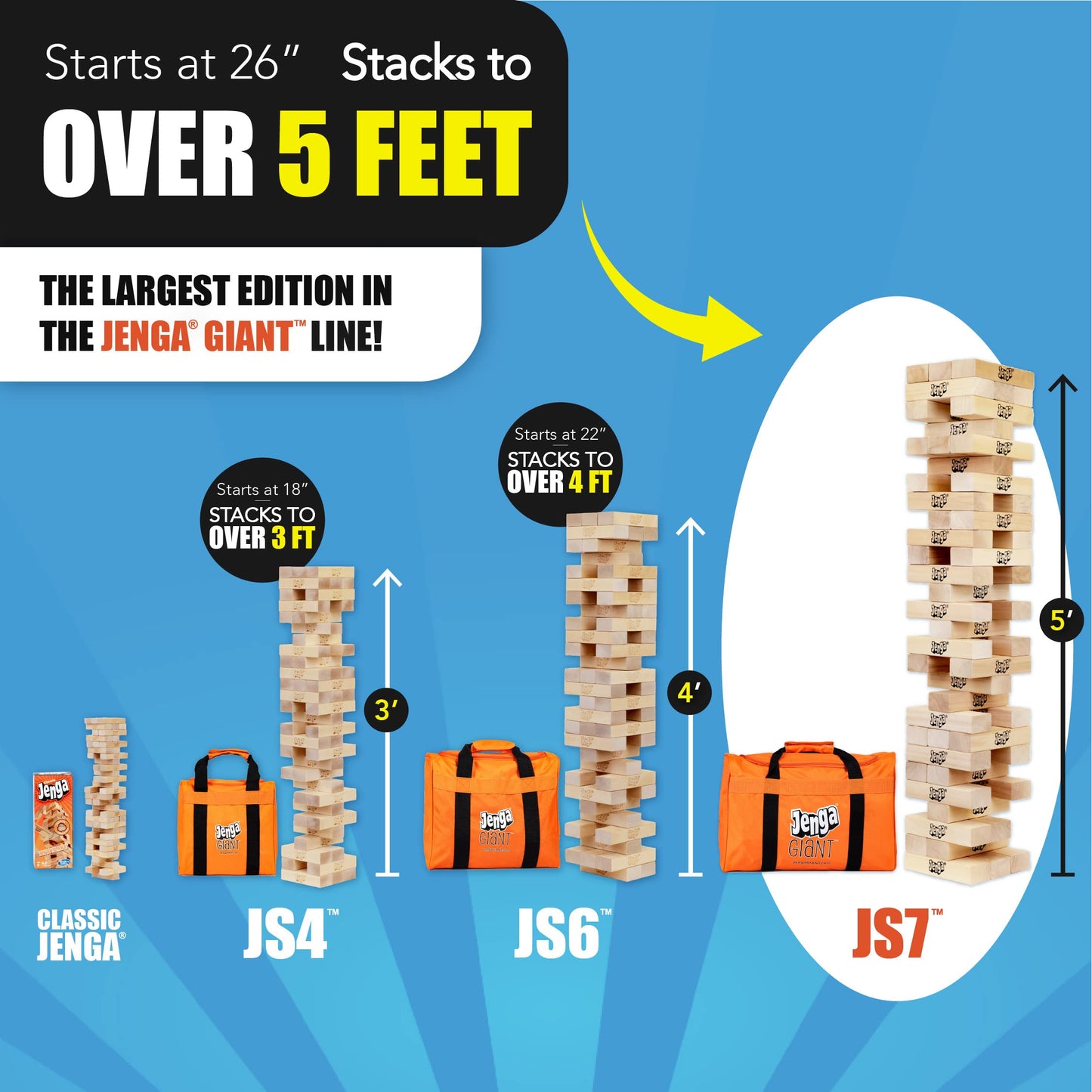 Jenga Giant Hardwood Blocks - 5ft Tall Stacking Game - Tan - Model JS7