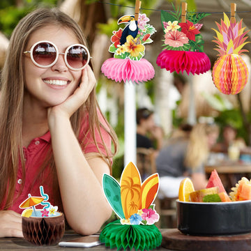 12Pcs Hawaiian Luau Party Table Decorations - Double Sided Aloha Flamingo Honeycomb Centerpieces Table Decorations For Hawaiian Tiki Birthday Wedding Pool Party Supplies
