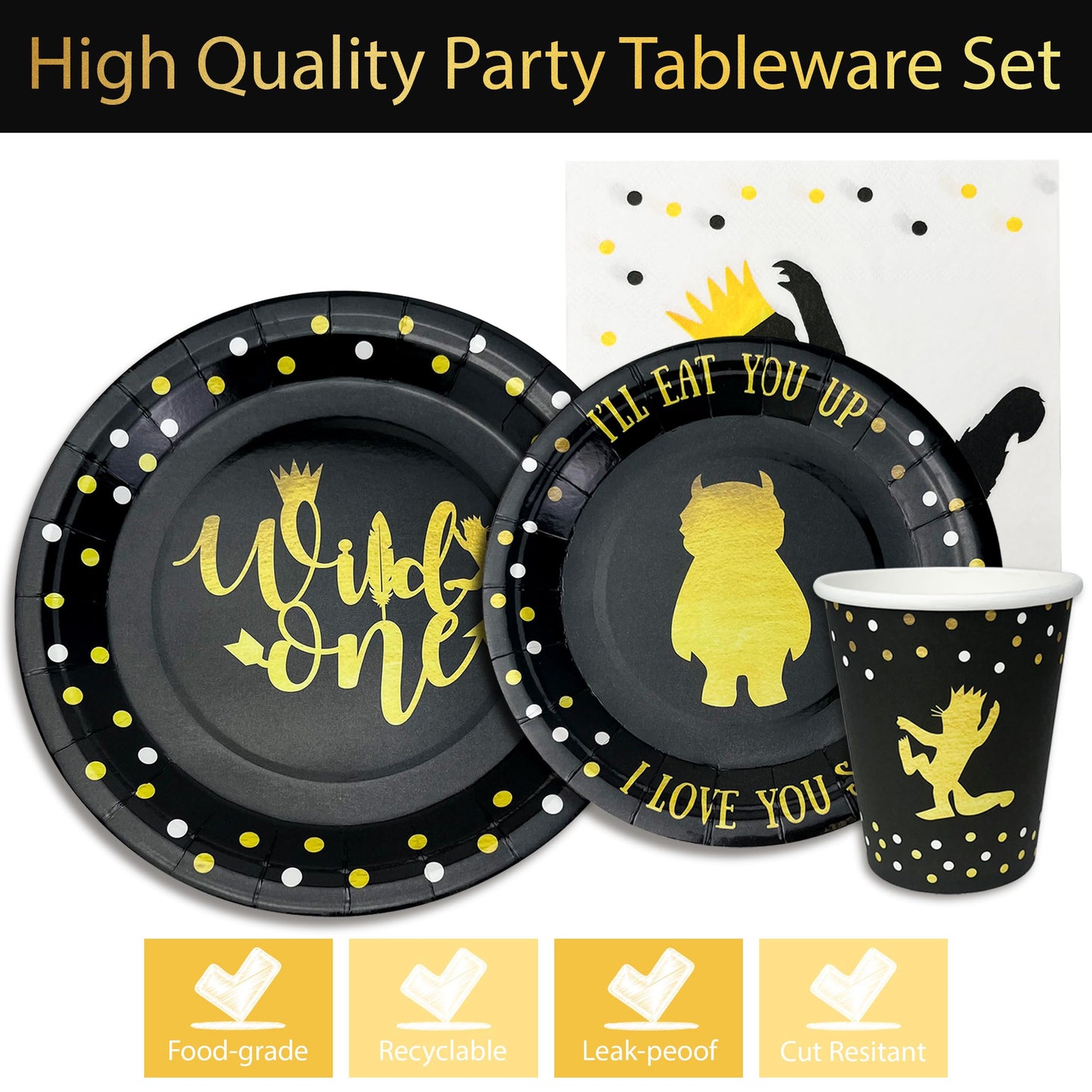 Wild One Birthday Decorations | 96 Pieces - 4-in-1 Wild One Party Supplies | First Birthday Plates | Wild One Napkins| Disposabl