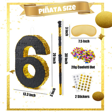 PCFING 20 Inch Number 6 Piata Gold Black with 30 Inch Piata Stick Blindfold Confetti for Man Women Kids Birthday Party Decoratio