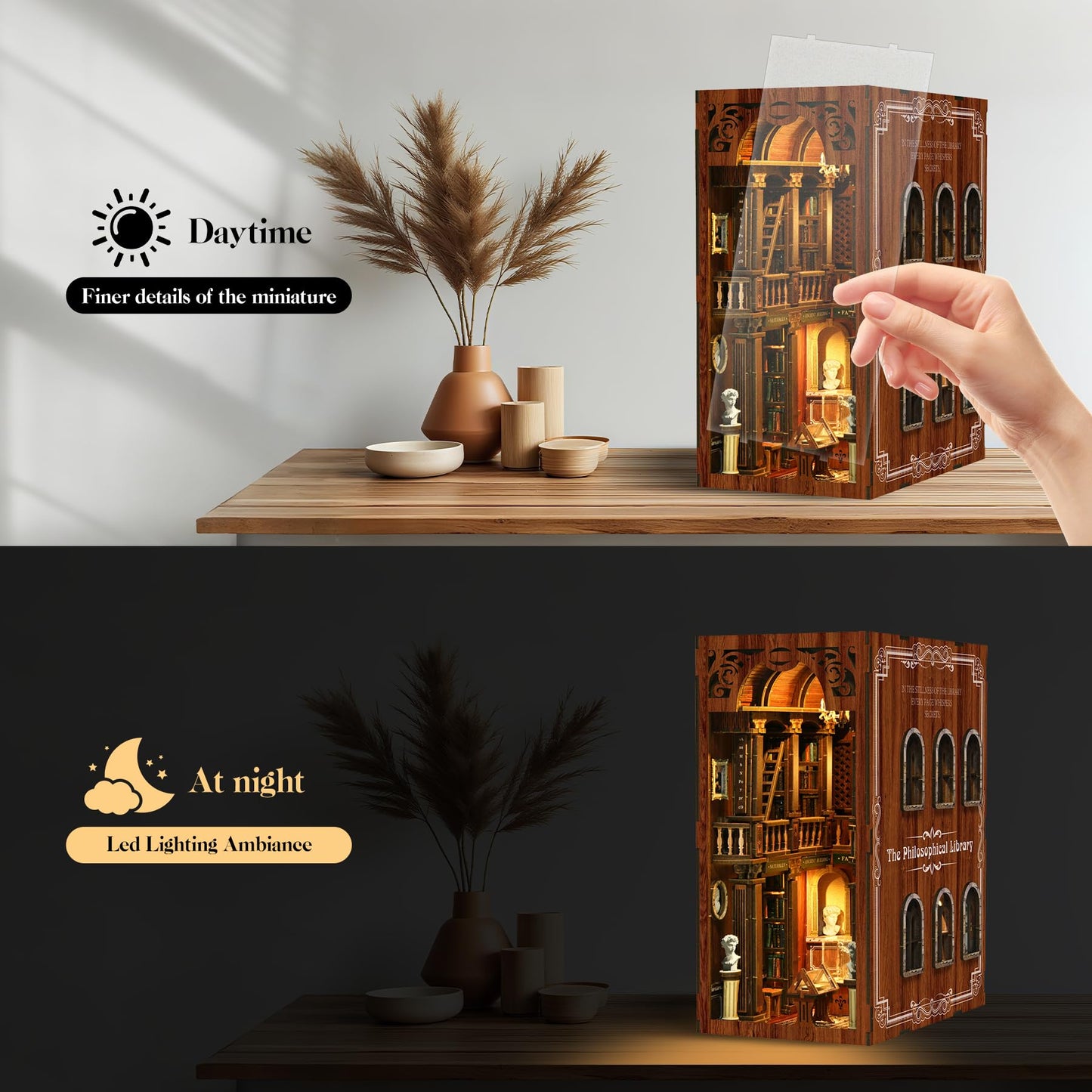Sunnino Book Nook Kit - Diy Miniature House Kit 3D Wooden Puzzles With Led Lights, Diy Book Nook Kits For Adults Unique Doll Hou